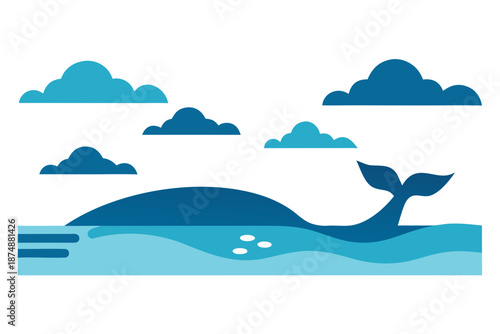 Coastal Ocean Panorama with Whale Silhouette Vector