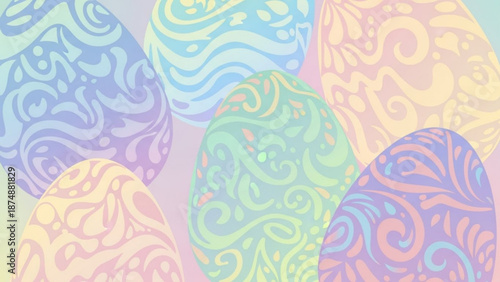 A colorful Easter egg illustration with intricate swirling patterns in pastel shades