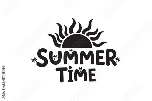 Black summer time lettering with sun icon isolated on transparent background