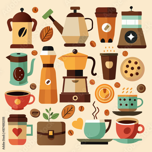 Coffee Shop Essentials Collection with Coffee Pot, Grinder, Espresso Machine, Beans, Cups and Cafe Accessories