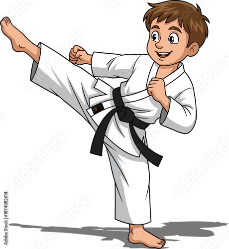 Cartoon martial artist performing high side kick in karate gi with black belt, vector illustration showing discipline, skill, and movement