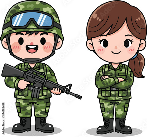 Cartoon military characters, cute soldier illustration, camouflage uniform, male and female army, rifle pose, chibi style, vector art, smiling troops