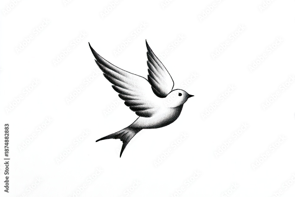 Fototapeta premium A grayscale drawing of a flying bird with outstretched wings against a clean white background