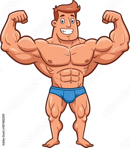 Cartoon muscular bodybuilder posing in blue underwear, flexing biceps, smiling, fit male character isolated on white background illustrationCartoon muscular bodybuilder posing in blue underwear, 