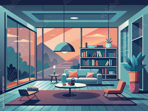 Cozy Modern Living Room Interior with Mountain View at Sunset Illustration