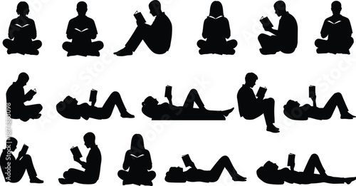 Black Silhouettes of People Reading Books in Different Poses, Students and Readers Collection, Education CAD Drawing Flat Vector Illustration Set.