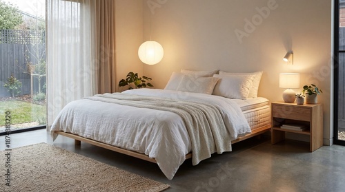 Modern Minimalist Bedroom with Cozy Atmosphere and Natural Lighting in a Serene Setting