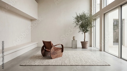 Minimalist Interior Design Featuring A Brown Chair And Potted Plant In A Spacious Room