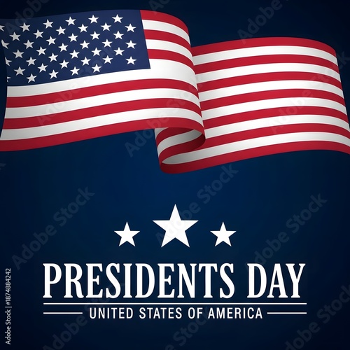 An evocative depiction of the Presidents' Day, featuring the iconic American flag fluttering against a deep blue background. The scene conveys patriotism and national pride.