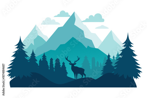 Mountain Forest Landscape with Deer Vector