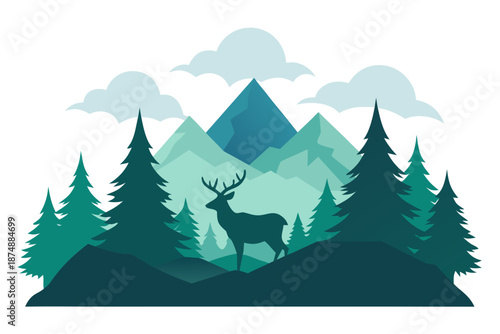 Mountain Forest Landscape with Deer Vector