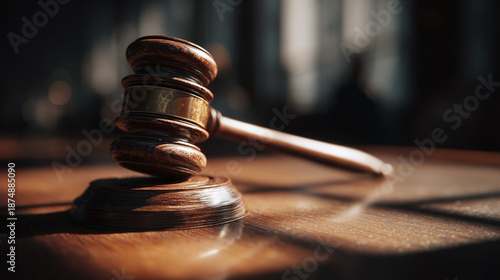 A close-up of a gavel on a wooden desk, symbolizing the concept of justice