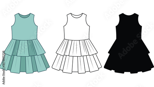 Three different colored dresses with ruffles on a white background