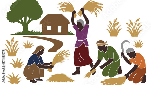 Illustration of people harvesting wheat in a rural setting with a house and tree