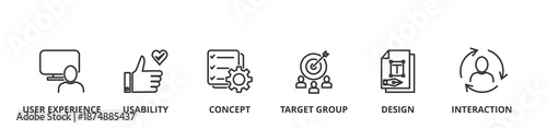 User interface design banner vector illustration concept with icon of user experience, usability, concept, target group, design and interaction