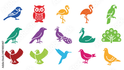 A colorful collection of various bird species and tree icons in different vibrant colors and styles.