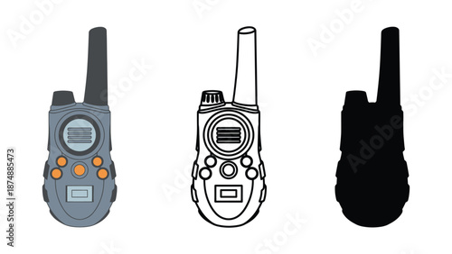 Three different styles of walkie talkie devices on a white background