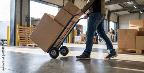 Warehouse worker uses a hand truck to move cardboard boxes across the floor. The space appears busy, showcasing storage and logistics operations efficiently.