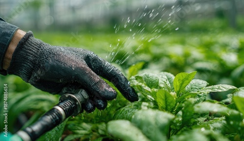 Wallpaper Mural Close-up of gloved hand watering leafy green plants inside a greenhouse Torontodigital.ca