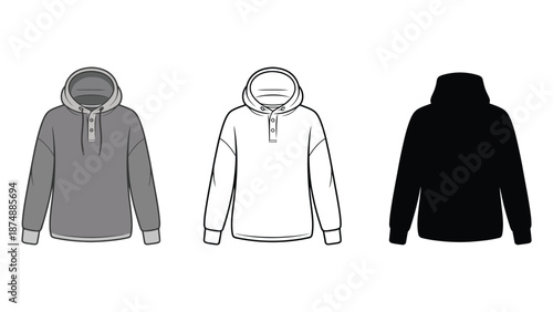 Three different colored hooded sweatshirts on a white background