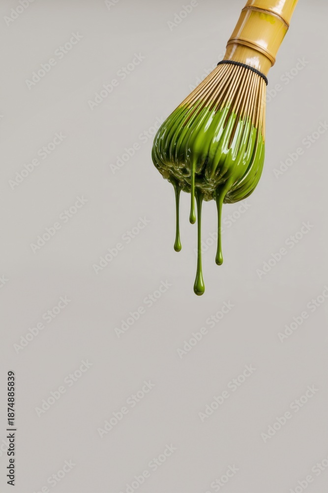 Fototapeta premium Green matcha dripping whisk