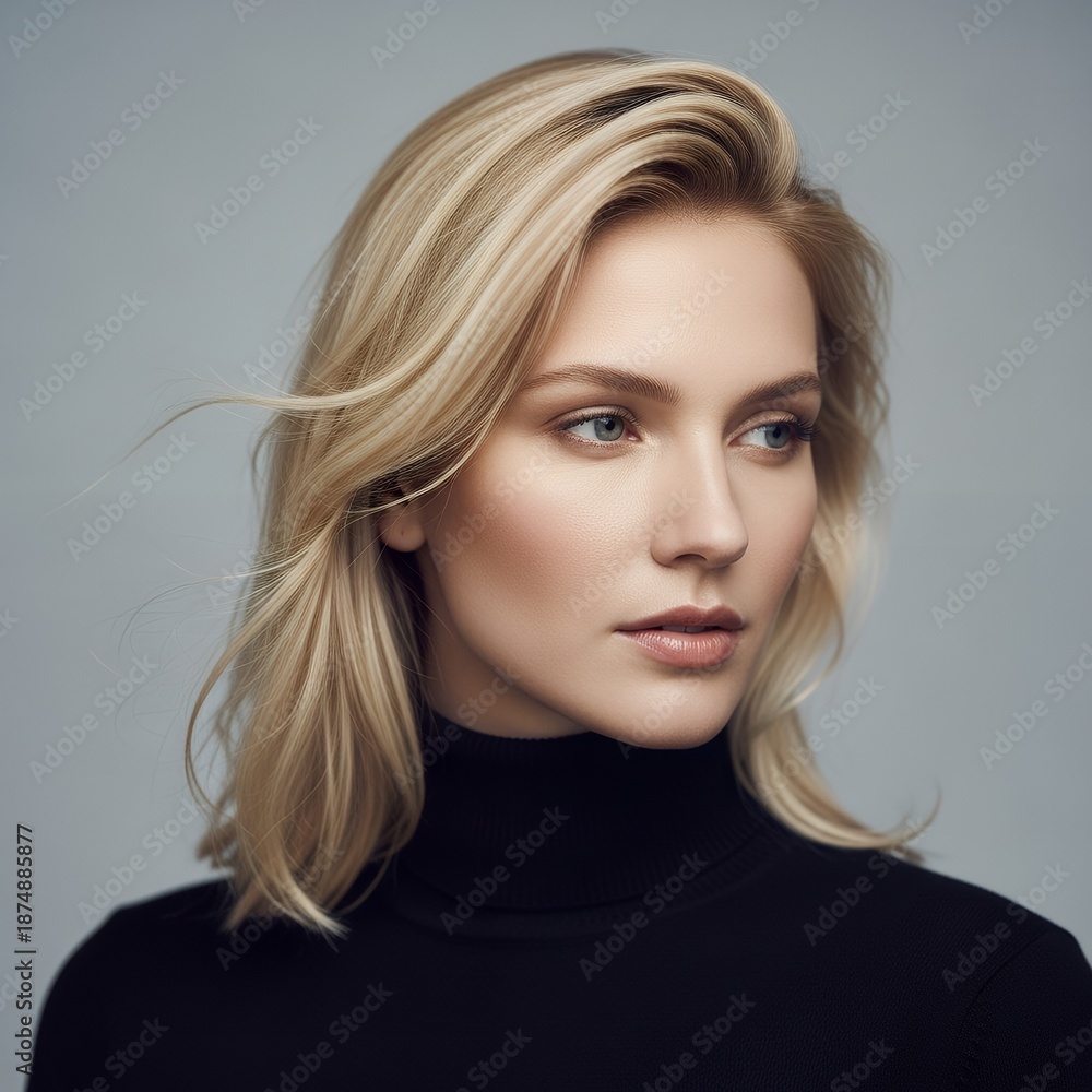 Naklejka premium Minimalist fine art portrait, blonde woman in black turtleneck, subtle movement in hair, modern elegance