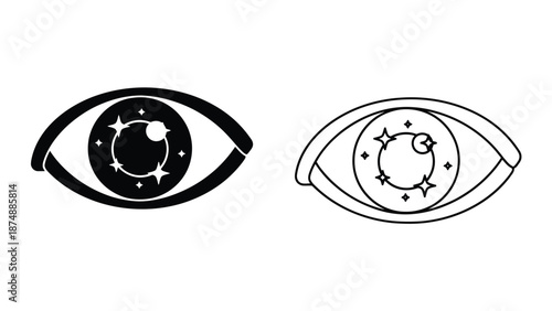 a black and white illustration of two eyes with stars