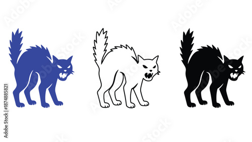 A set of aggressive cat silhouettes in different black and white styles