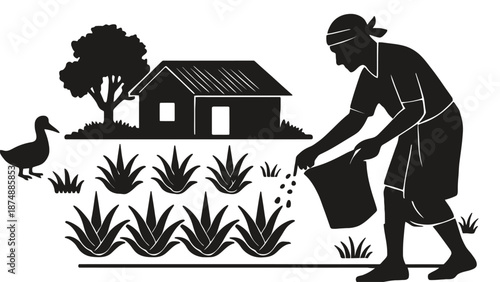 A woman in a black silhouette is watering plants in a garden near a house