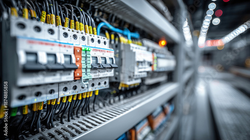 Close-up View of Circuit Breakers and Wires in Industrial Control Panel for Electrical Systems