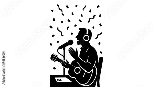 A musician playing guitar and singing into a microphone with confetti