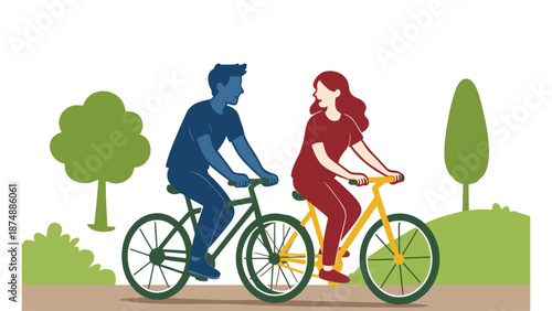 A man and woman riding bicycles together in a park on a sunny day