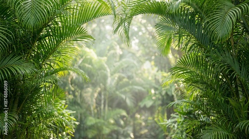 Sunlight Filtering Through Lush Tropical Greenery Creating a Serene Jungle Atmosphere