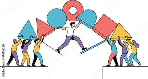 Diverse Team Building a Bridge with Geometric Shapes Between Two Cliffs, Concept of Collaborative Problem Solving, Teamwork, and Overcoming Business Challenges Vector Illustration