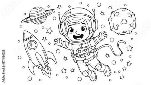 A cartoon boy in an orange and blue astronaut suit floats in space