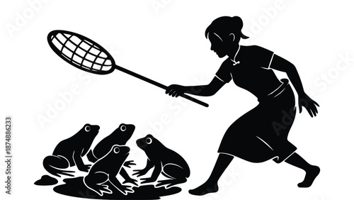 A black silhouette of a child catching frogs with a net outdoors