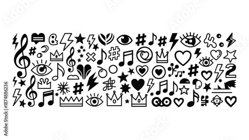 A playful collection of black and white doodles featuring hearts stars and musical notes