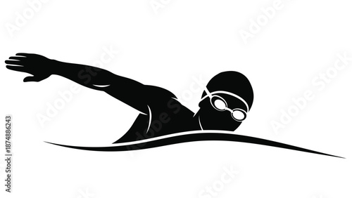 a black silhouette of a swimmer in goggles