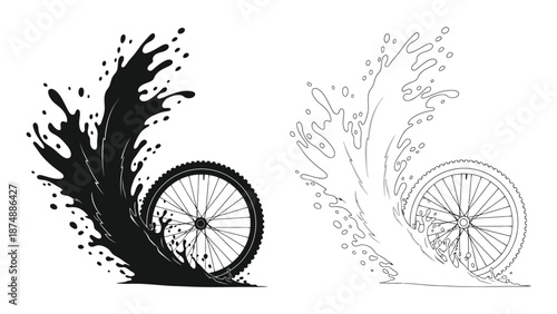 Bicycle wheel with creative splash design elements in black and white