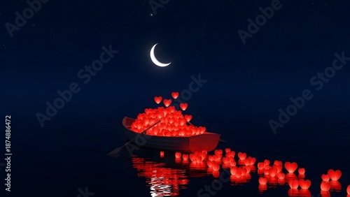 Boat filled with red heart lanterns floating on dark water under crescent moon and stars
