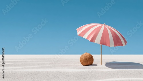 Wallpaper Mural Striped pink parasol providing shade over a coconut on sun-kissed white sand against blue sky Torontodigital.ca