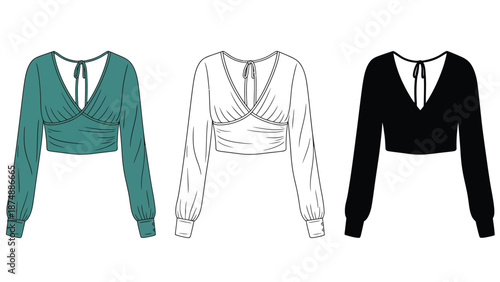 Three different colored blouses with long sleeves and a tie at the neck