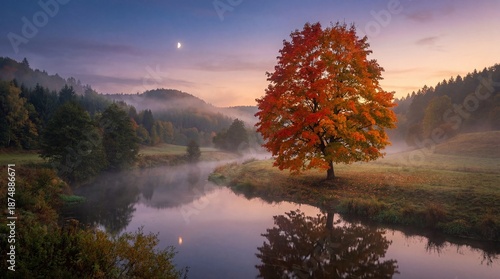 Vibrant Autumn Tree Reflecting in Calm River Under Early Morning Mist in Scenic Landscape