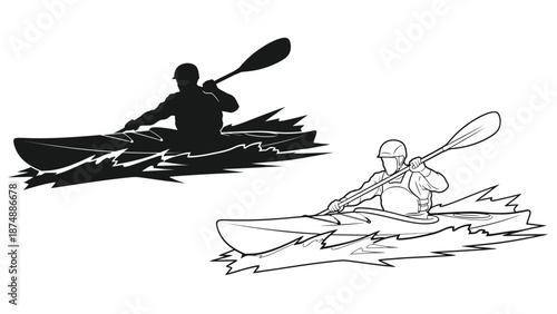 Kayakers paddling through water in black and white line art style