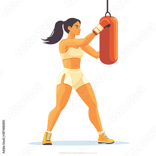 Woman boxer punching heavy bag with power, strength