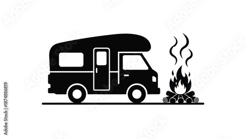a black and white illustration of a camper van parked next to a campfire