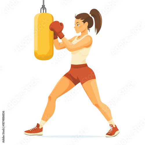 Woman boxer punching heavy bag with power, strength