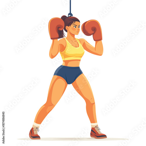 Woman boxer punching heavy bag with power, strength