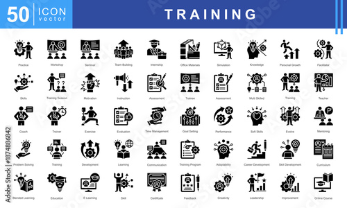 Training icon set featuring practice, workshop, seminar, team building, internship, skills, motivation, instruction, and assessment. Perfect for career development and education projects.