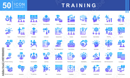 Training icon set featuring practice, workshop, seminar, team building, internship, skills, motivation, instruction, and assessment. Perfect for career development and education projects.